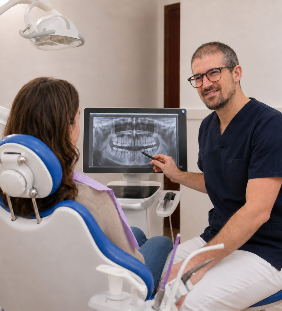 L'odontoiatra mostra a una paziente la radiografia panoramica sullo schermo, accanto alla poltrona