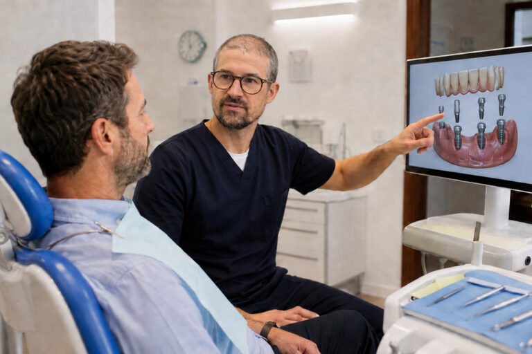 L'odontoiatra illustra a un paziente un modello tridimensionale di impianto dentale sullo schermo